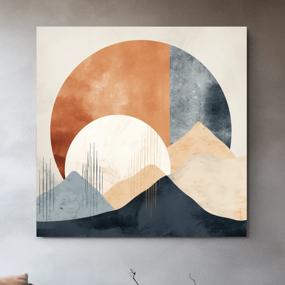 Abstract shapes forming mountains, mid century style artwork, earthy tones