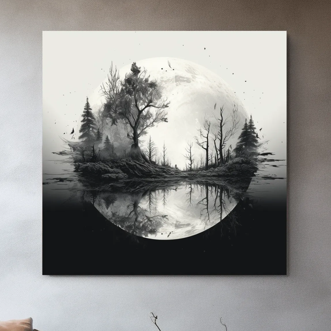 Surreal double exposure moon and forest drawing artwork