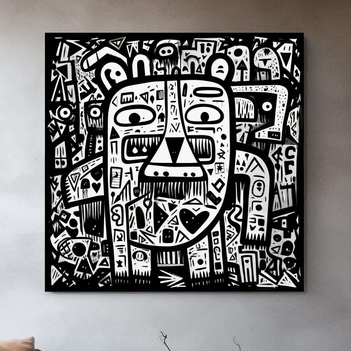 Abstract Black And White Graffiti Bear Doodle Art - Bold Geometric Animal Wall Art