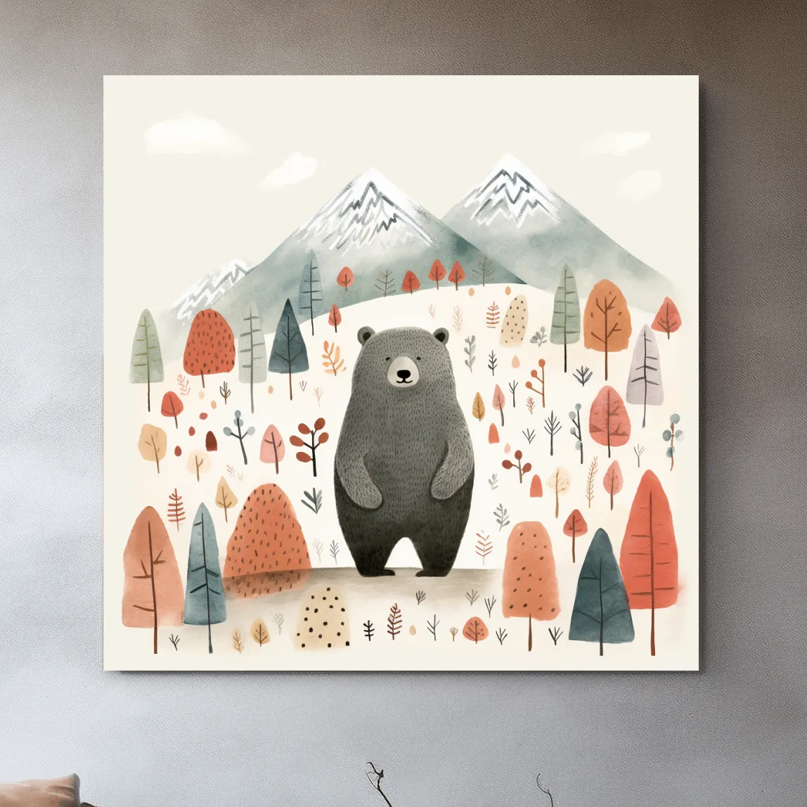 Nursery storybook art illustration of a black bear in the forest