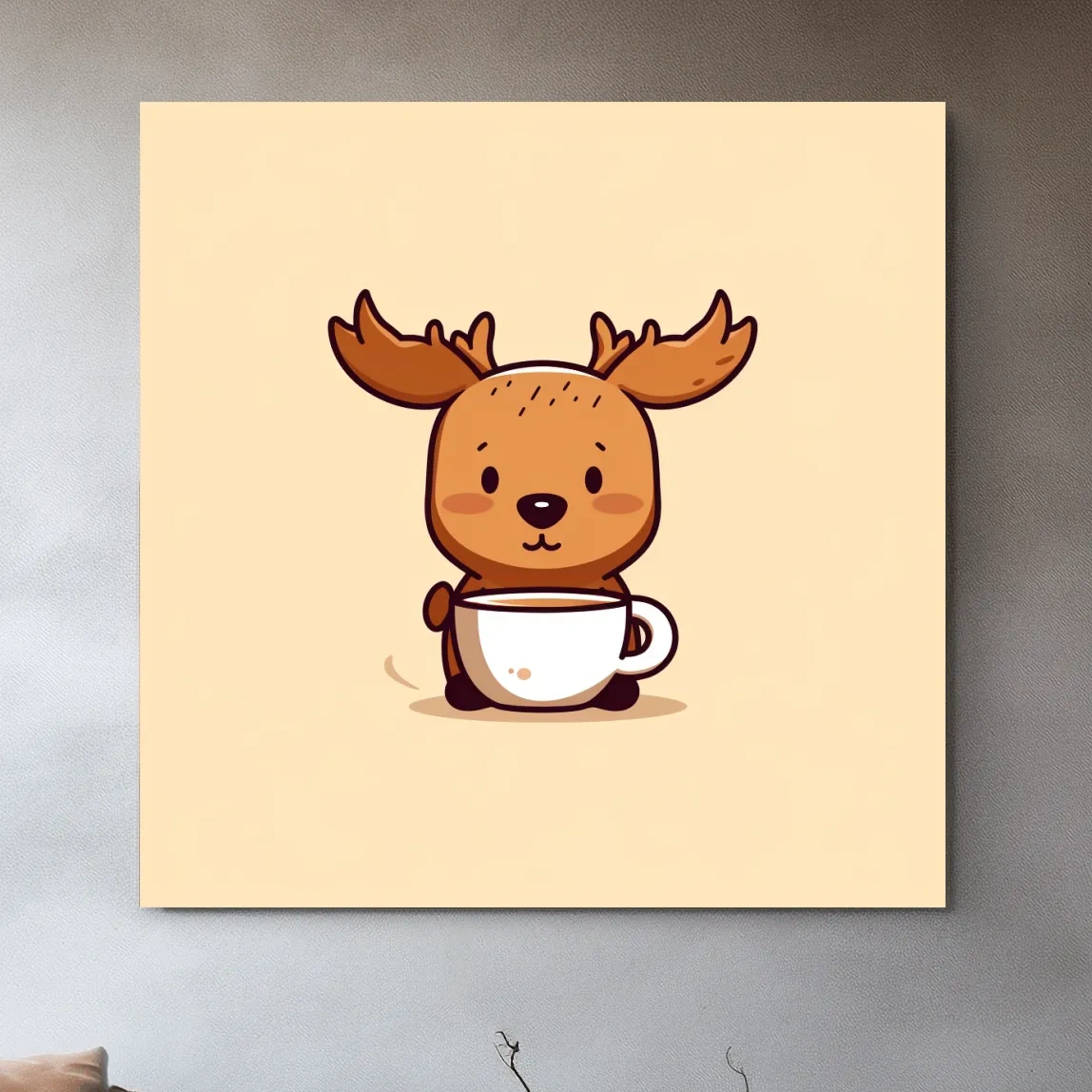 Cartoon illustration of a happy baby moose drinking coffee