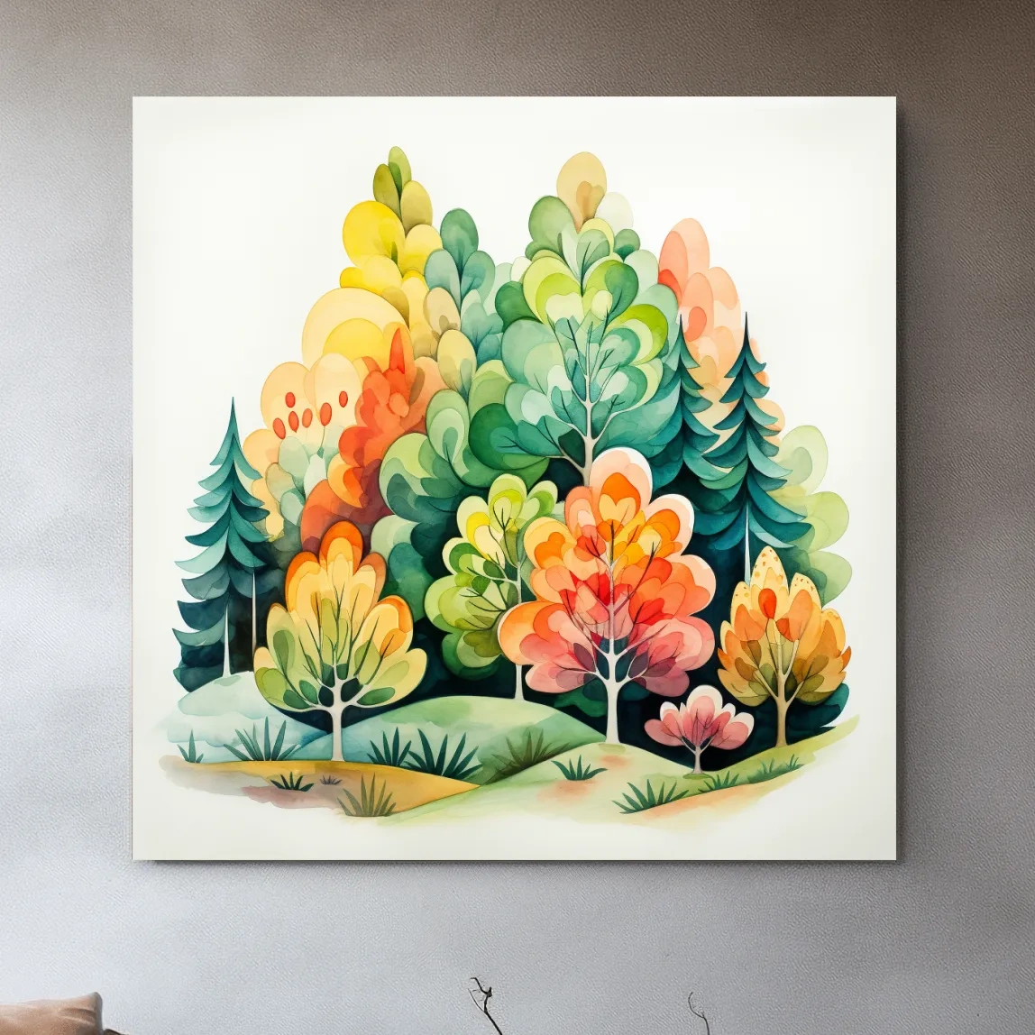 Colorful forest art, watercolor style illustration