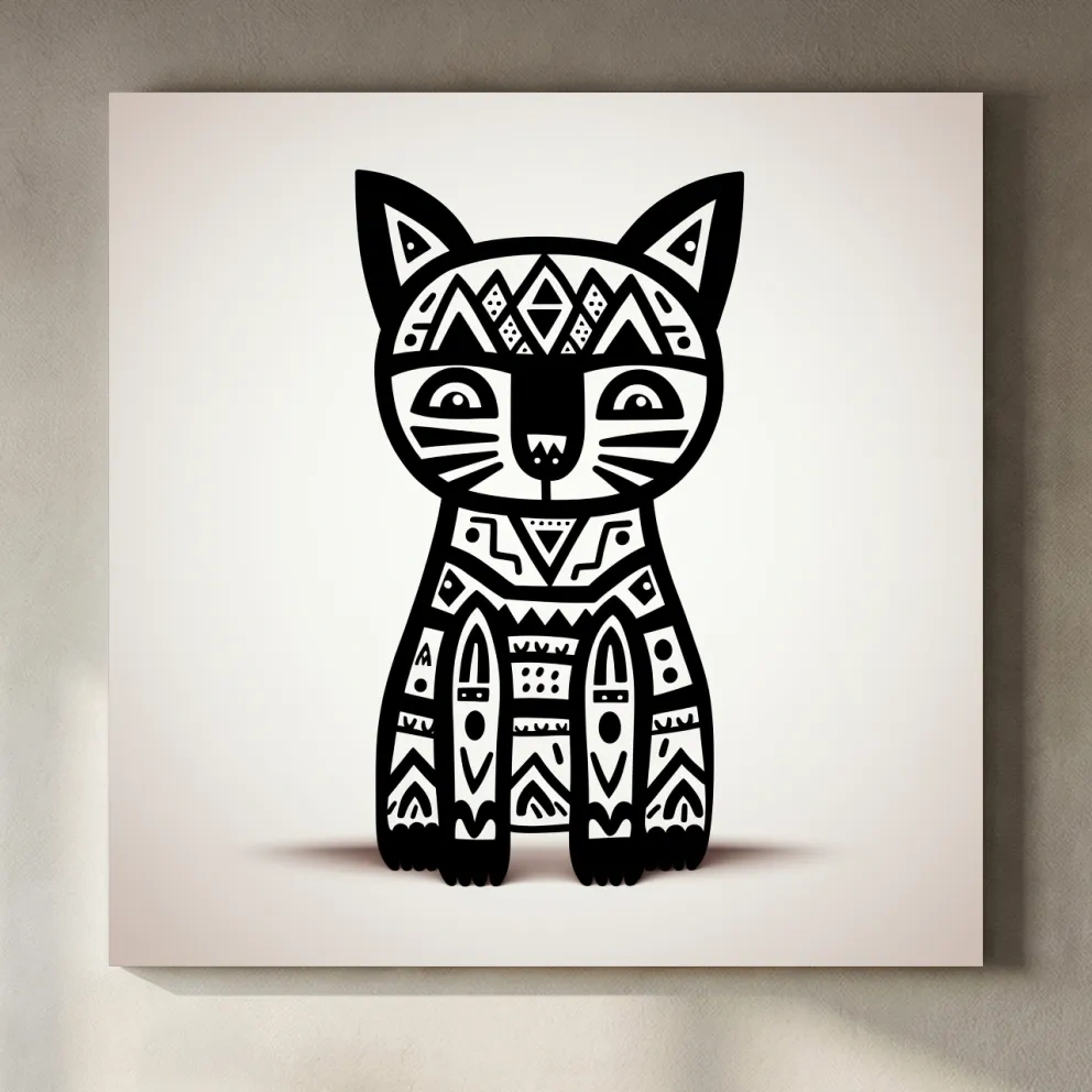 Tribal Geometric Cat Illustration - Black And White Quirky Animal Wall Art