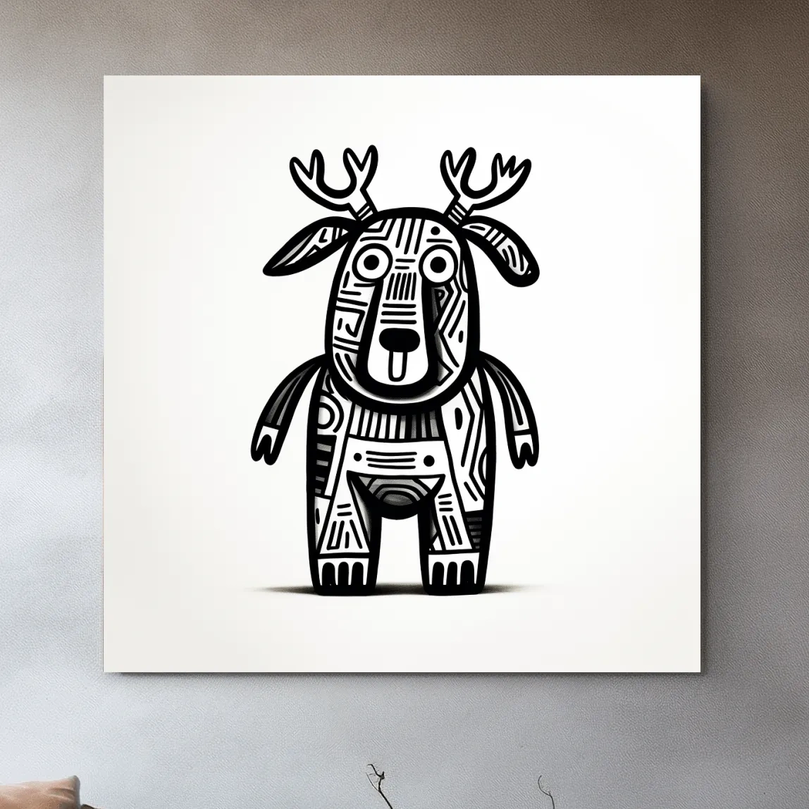 Whimsical Tribal Deer Illustration - Quirky Black And White Animal Wall Art