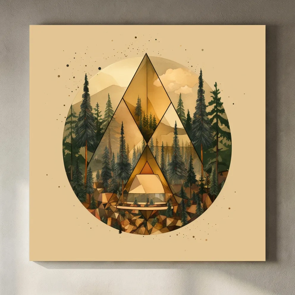 Geometric Mountain Cabin Forest Landscape - Modern Abstract Nature Wall Art