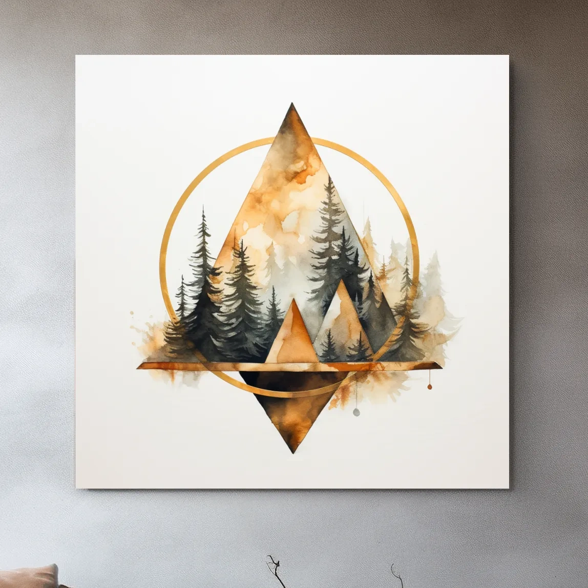 Minimal watercolour tree art, elegant geometric shapes, circular, triangles