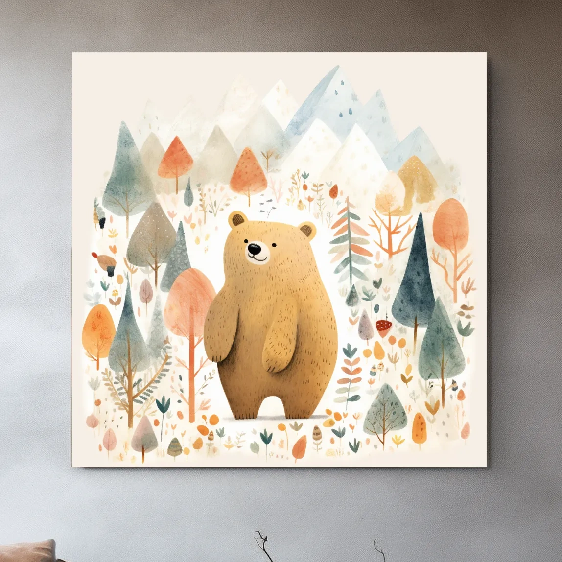 Cute Watercolor Bear In Mountain Forest - Whimsical Nursery Wall Art