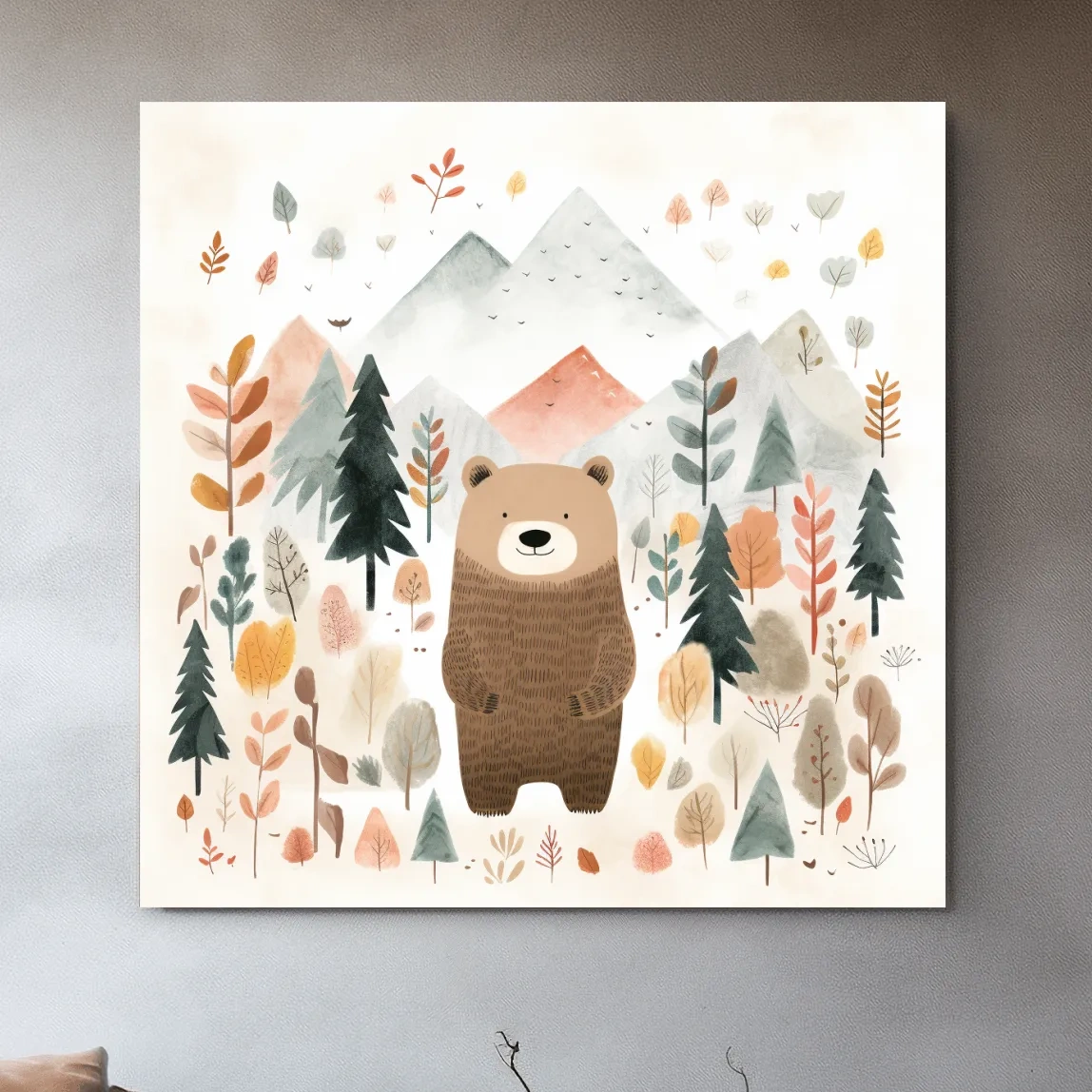 Nursery storybook art illustration of a brown bear in the forest