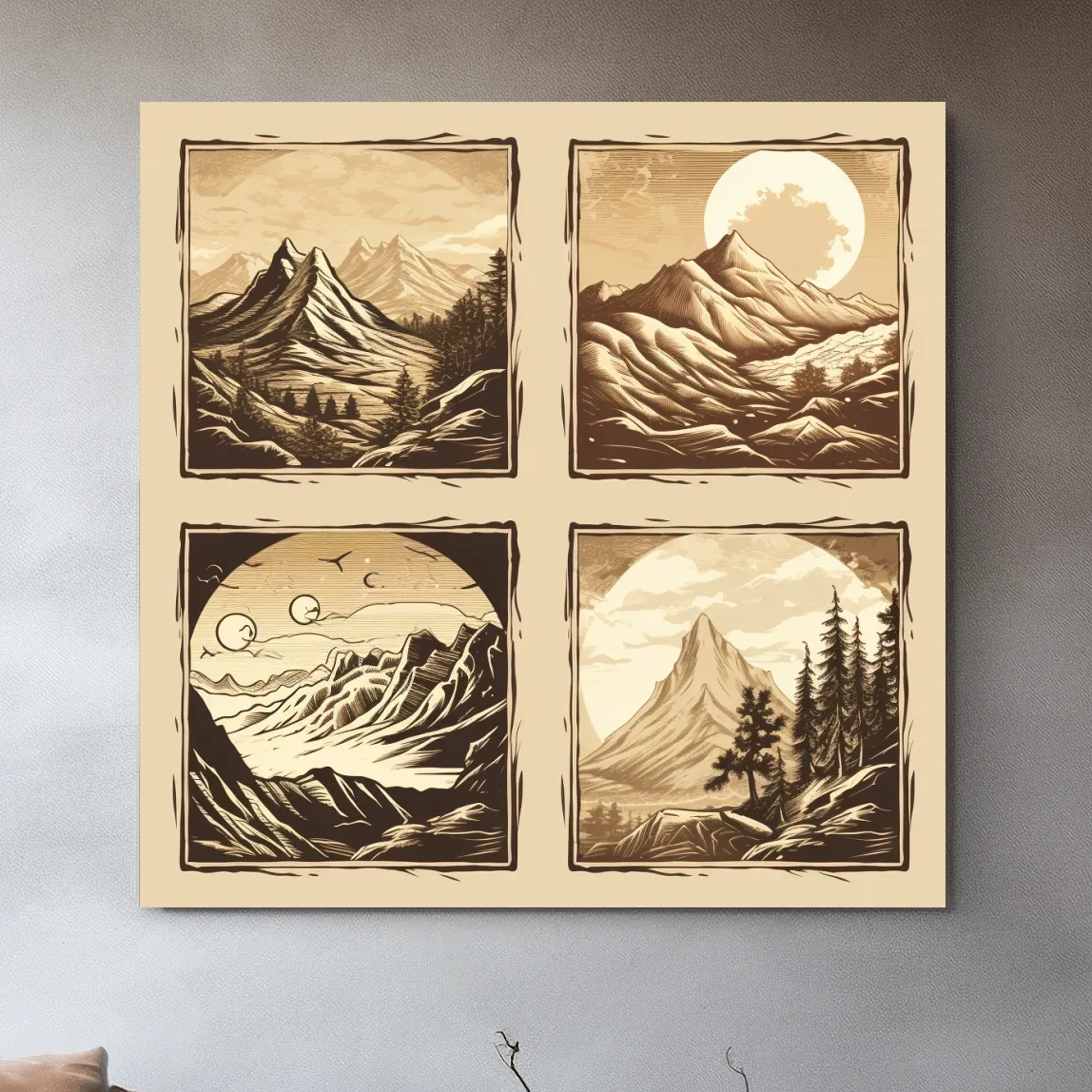 4x4 grid alpine mountain artwork, vector style illustrations, sepia tone
