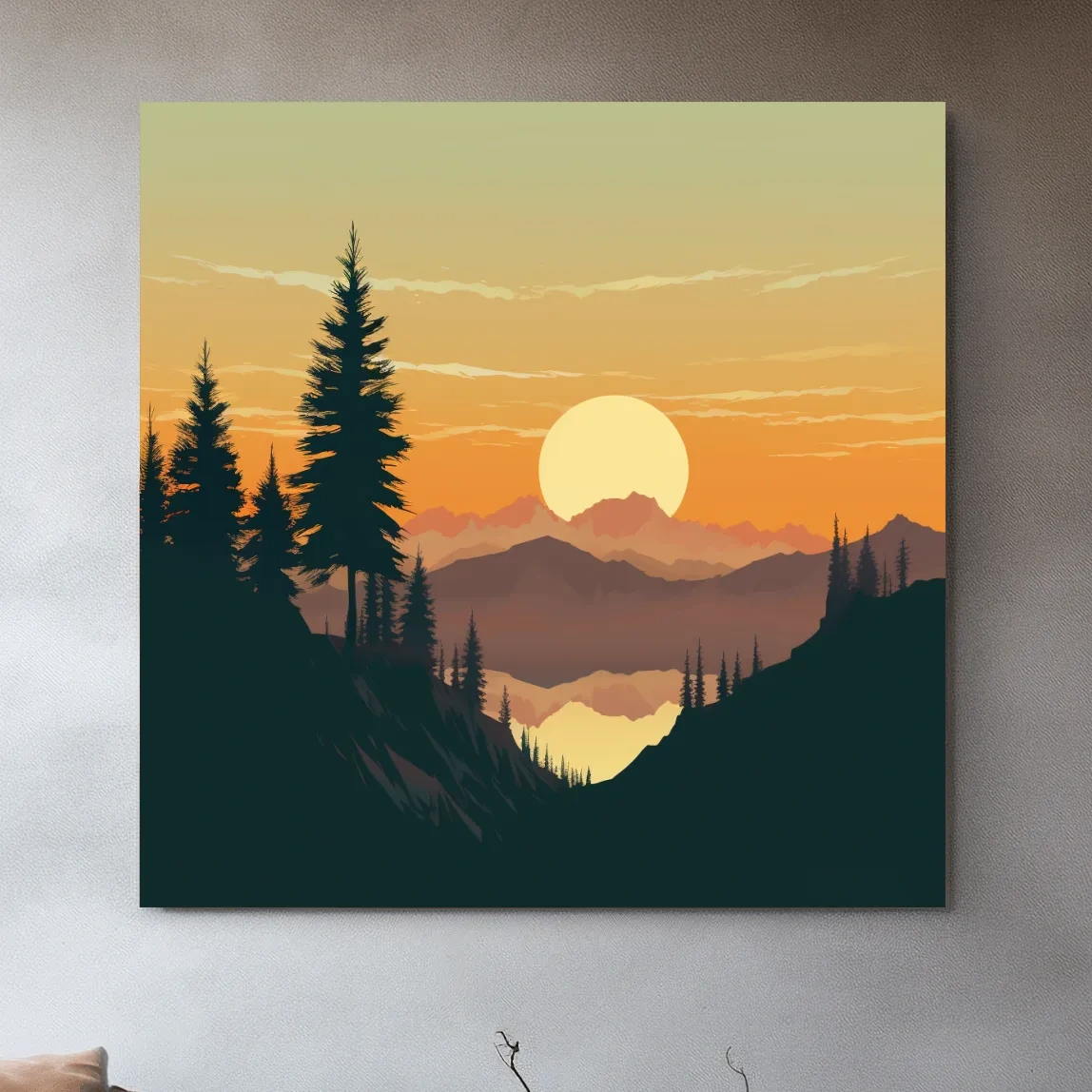 Mimimal mountain art, sunset over the alpine trees