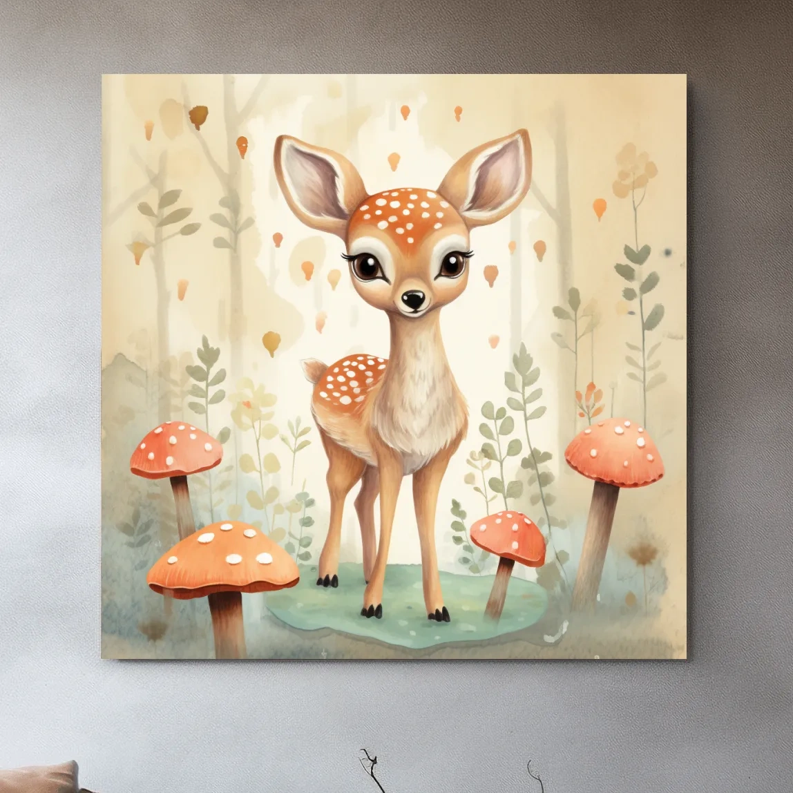 Nursery art, illustration of a cute baby fawn in the forest