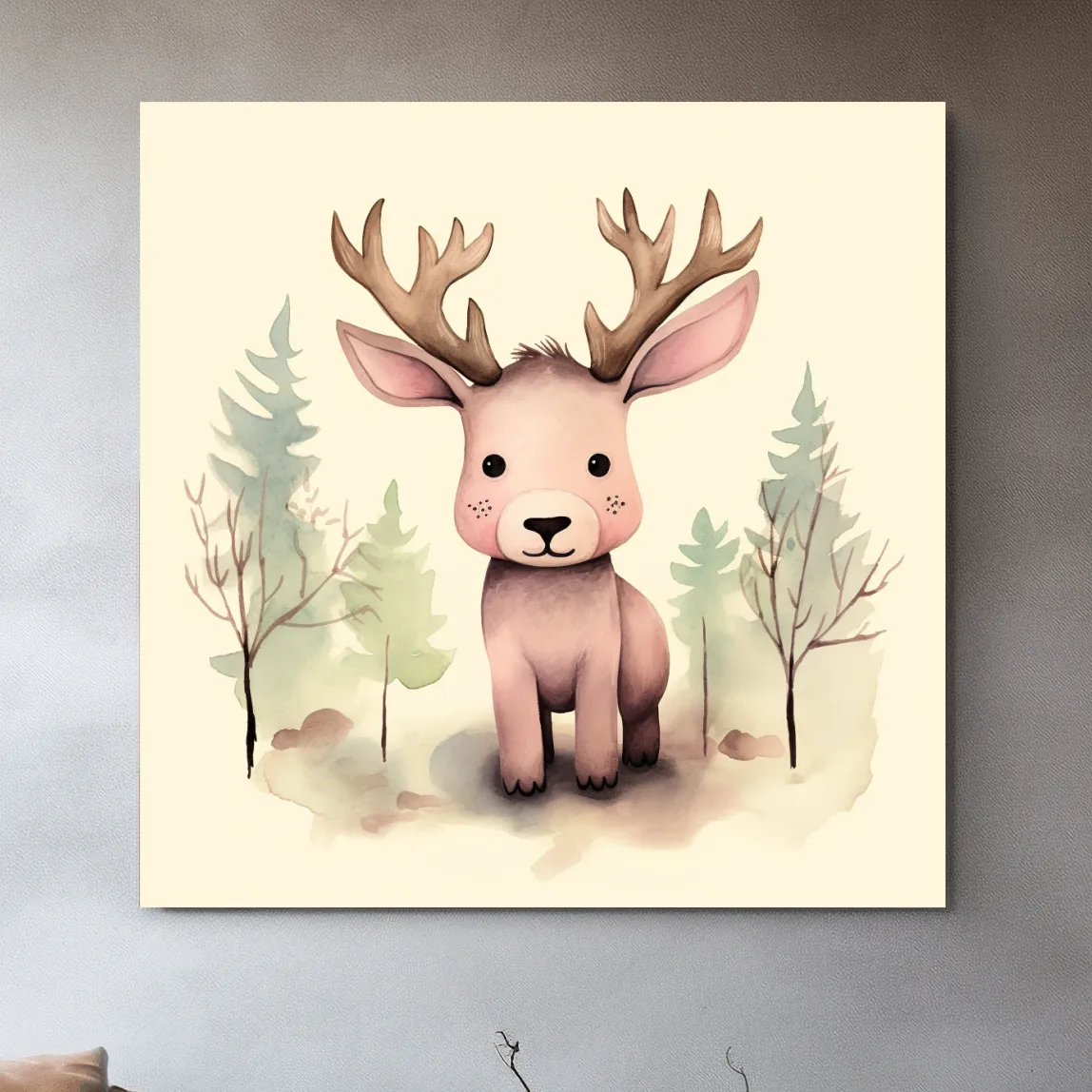 Childrens nursery art, an illustration of a cute baby moose in the forest
