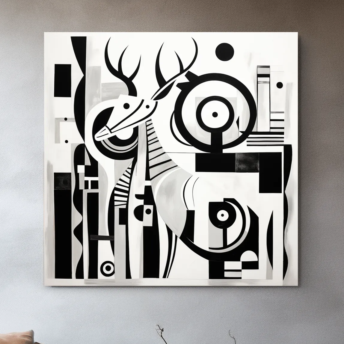 Abstract Geometric Deer Artwork - Mid-Century Black And White Animal Wall Art