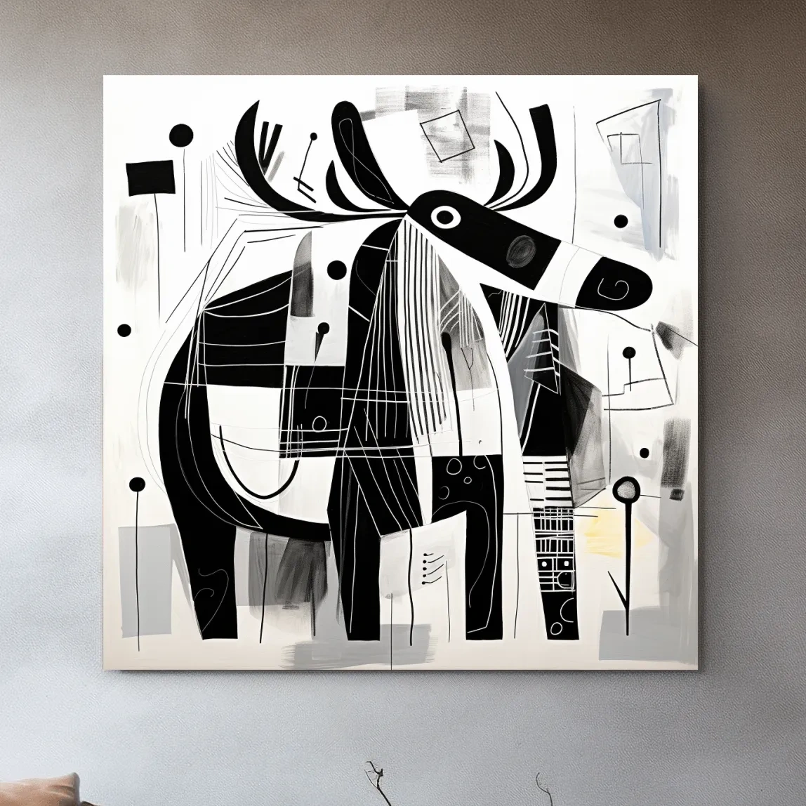 Abstract Monochrome Moose Illustration - Modern Geometric Wildlife Wall Art