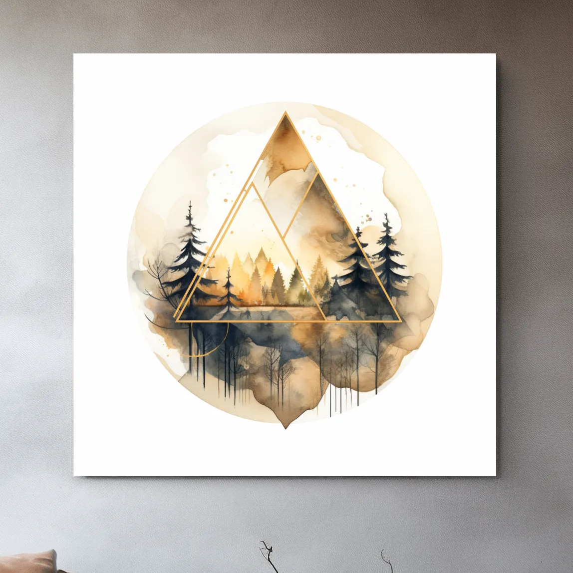 Geometric Watercolor Mountain Forest Landscape - Modern Rustic Nature Wall Art