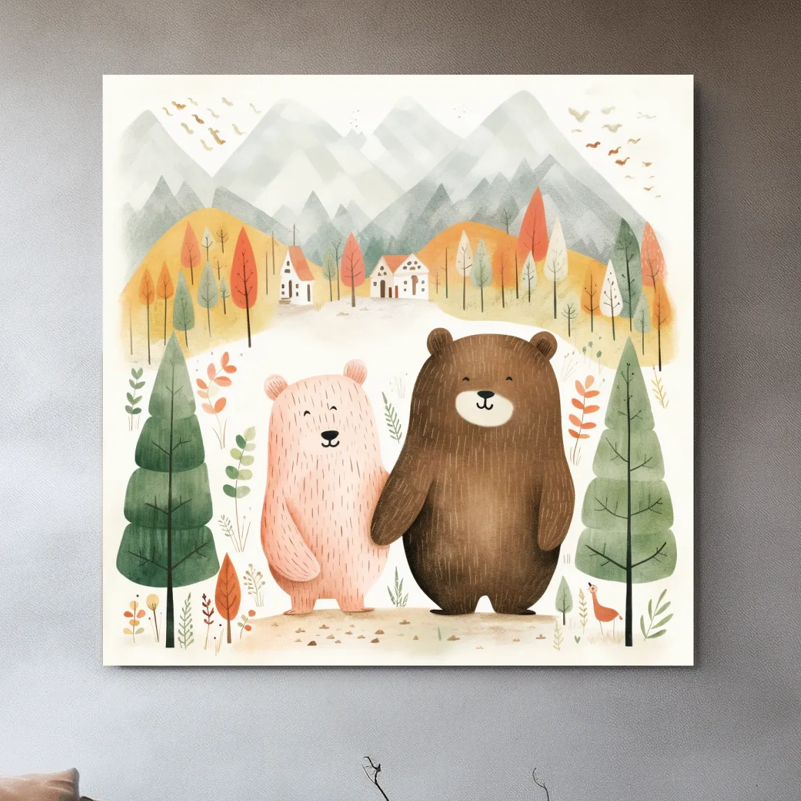 Cute storybook nursery art, bears holding hands in the mountains 