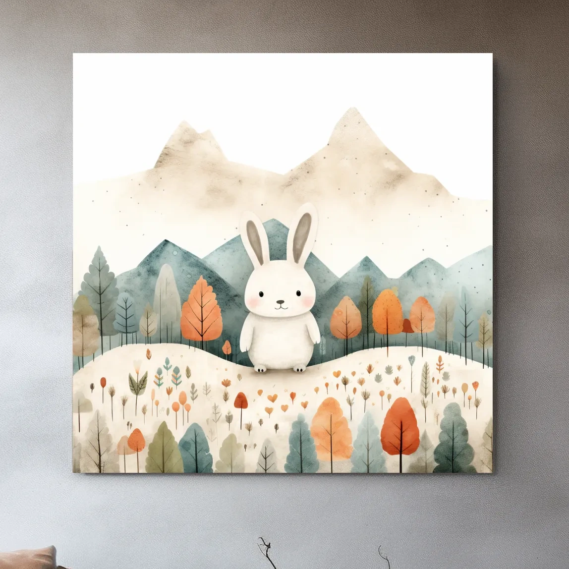 Cute Watercolor Bunny In Mountain Forest - Whimsical Nursery Woodland Wall Art