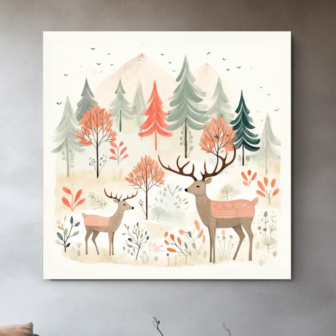 Storybook nursery art illustration, deer family in the forest