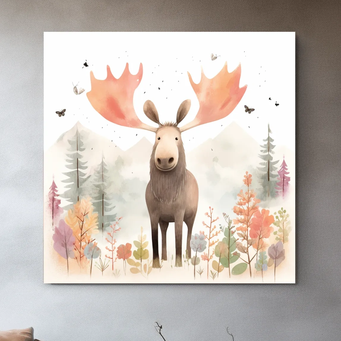 Nursery storybook artwork illustration, a happy moose in the mountains