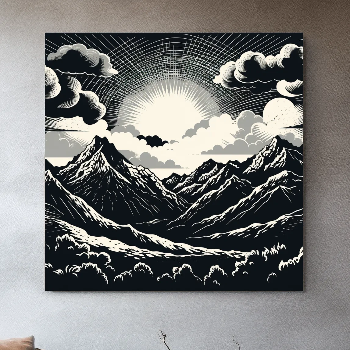 Sunset over mountain ranges, linocut style black & white artwork