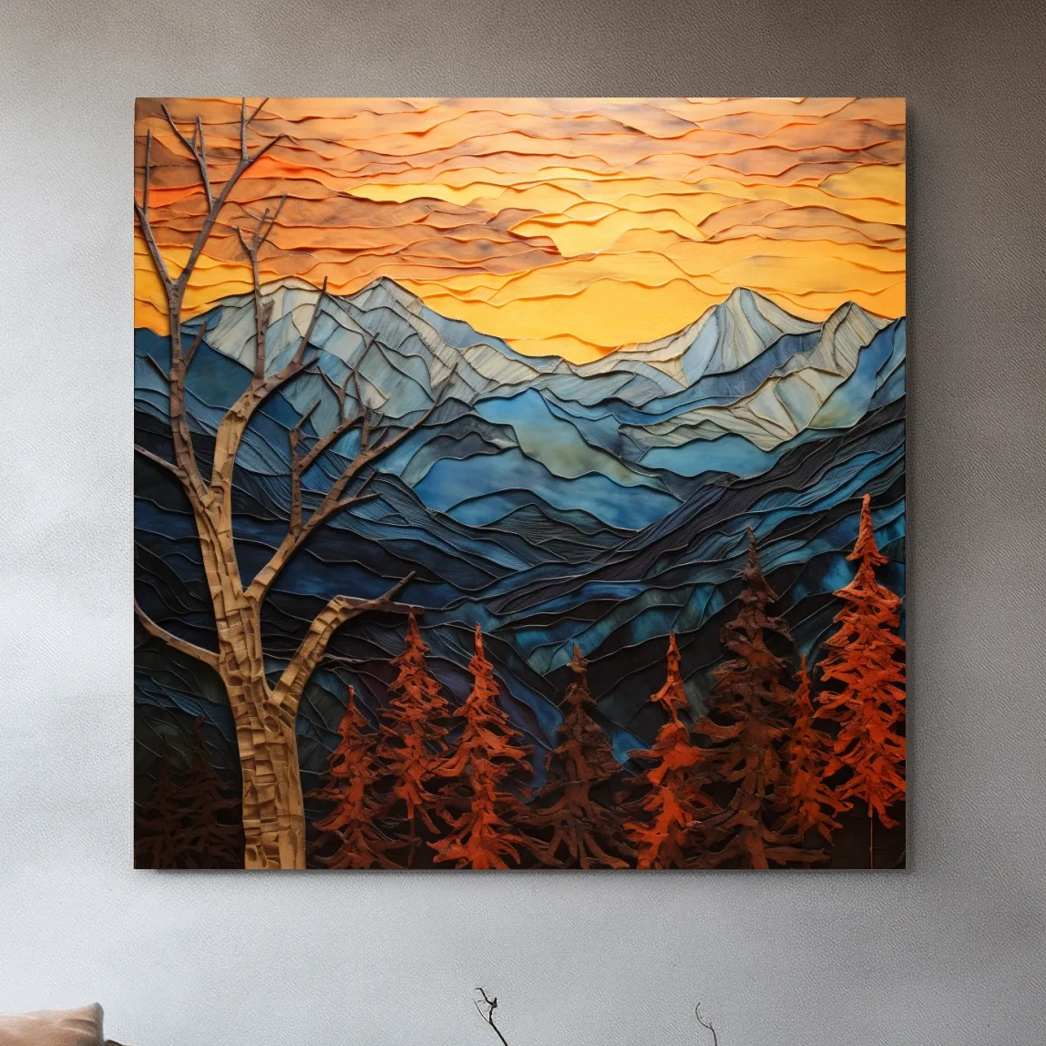 Layered Paper Cut Alpine Mountain Sunset - Mixed Media 3D Landscape Wall Art