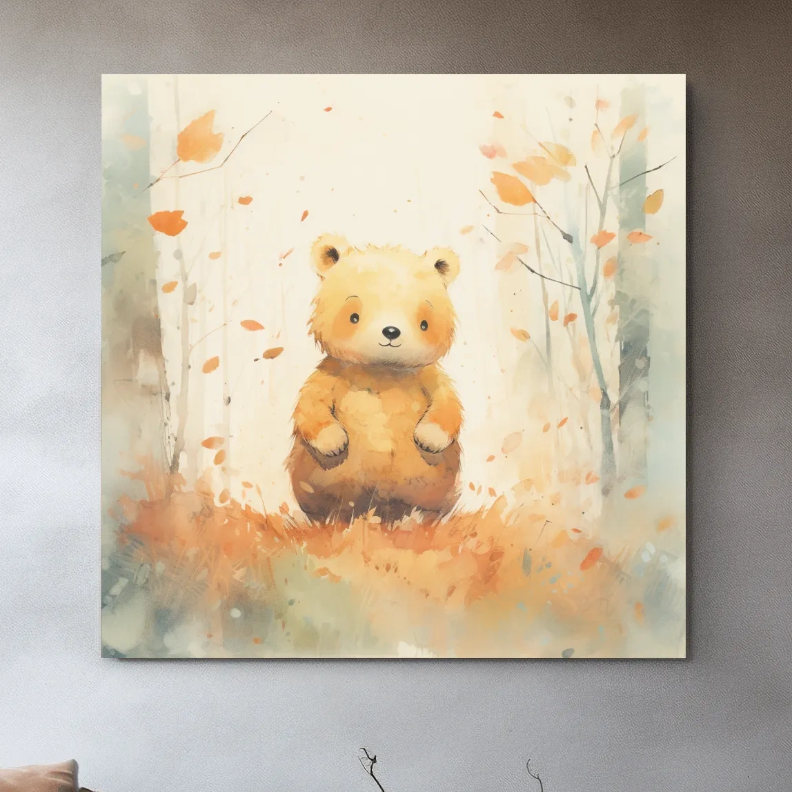 Cute Watercolor Bear Cub In Autumn Forest - Whimsical Nursery Animal Wall Art