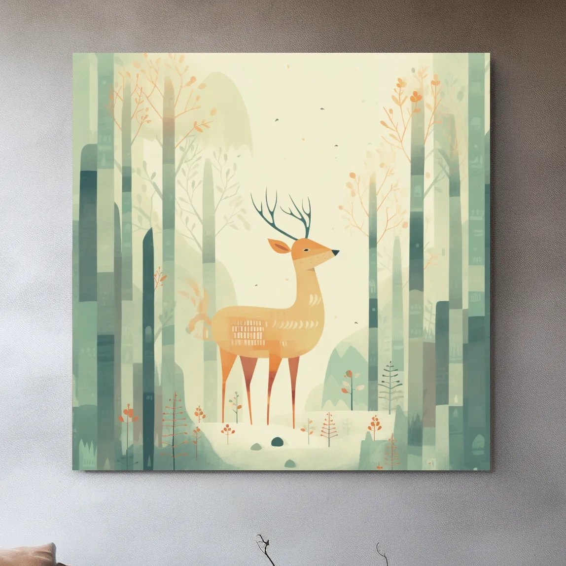 Whimsical Deer In Misty Forest - Minimalist Woodland Nursery Wall Art
