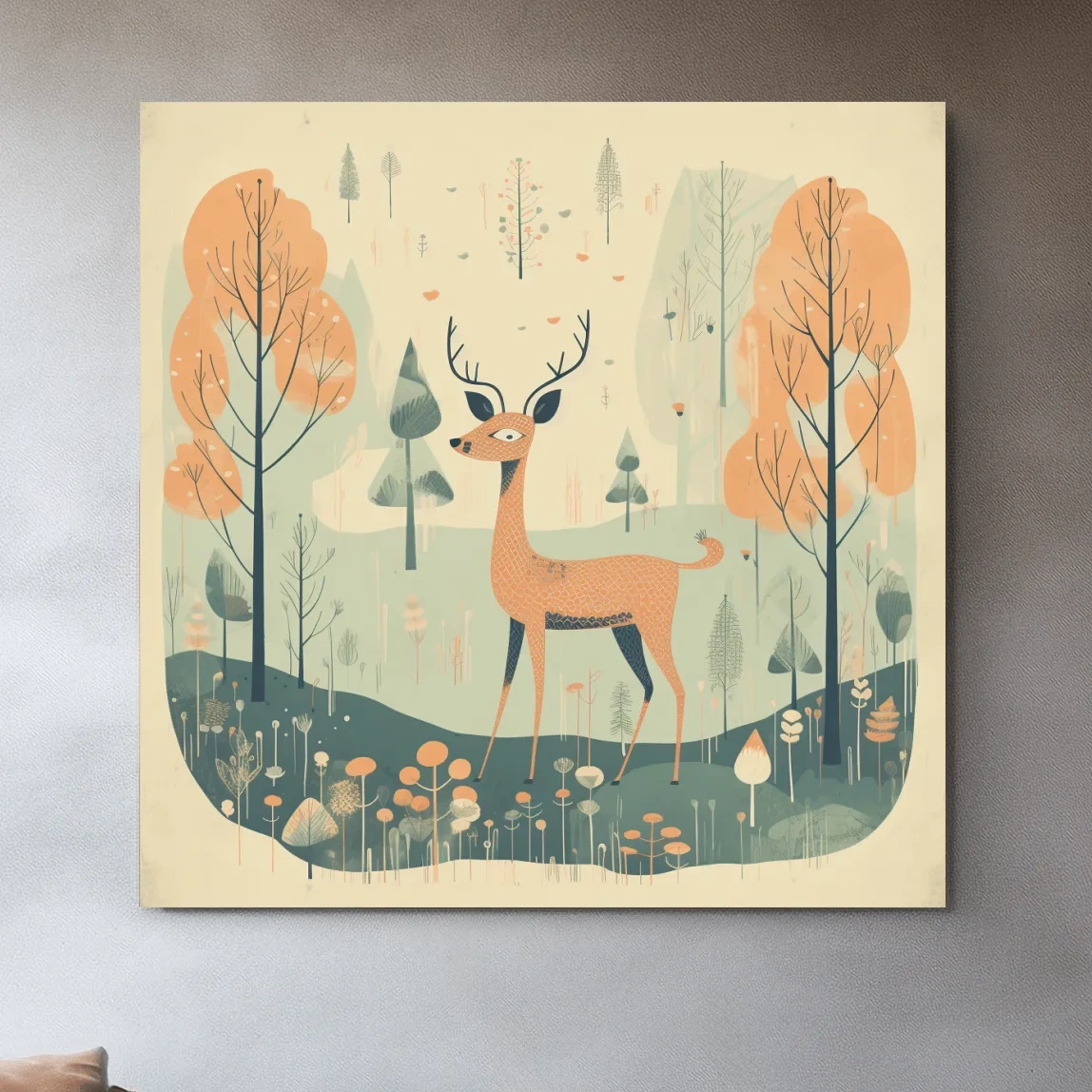 Whimsical Deer in Pastel Forest Illustration - Folk Art Woodland Nursery Wall Art