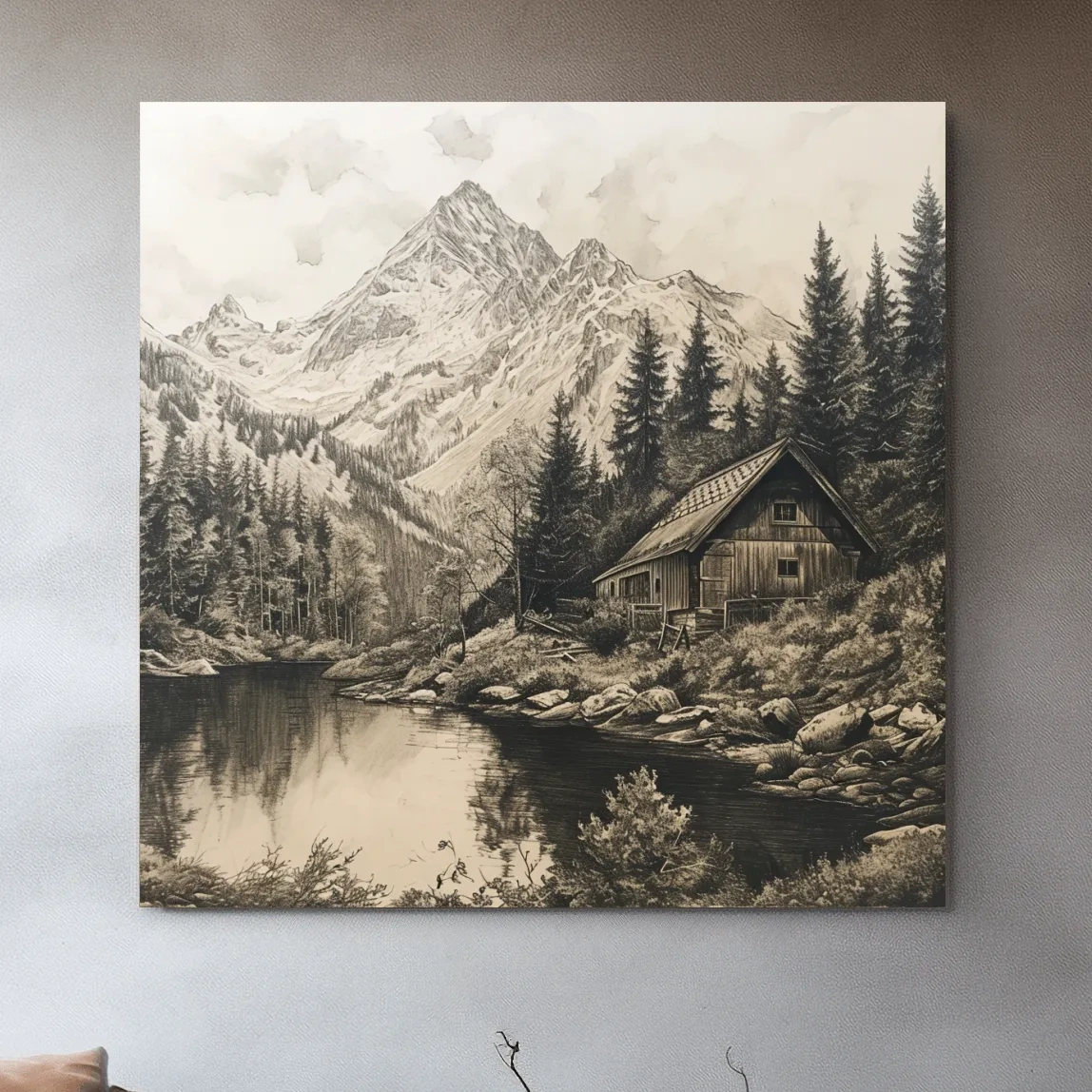 Lead pencil drawing artwork of a cabin on an alpine lake