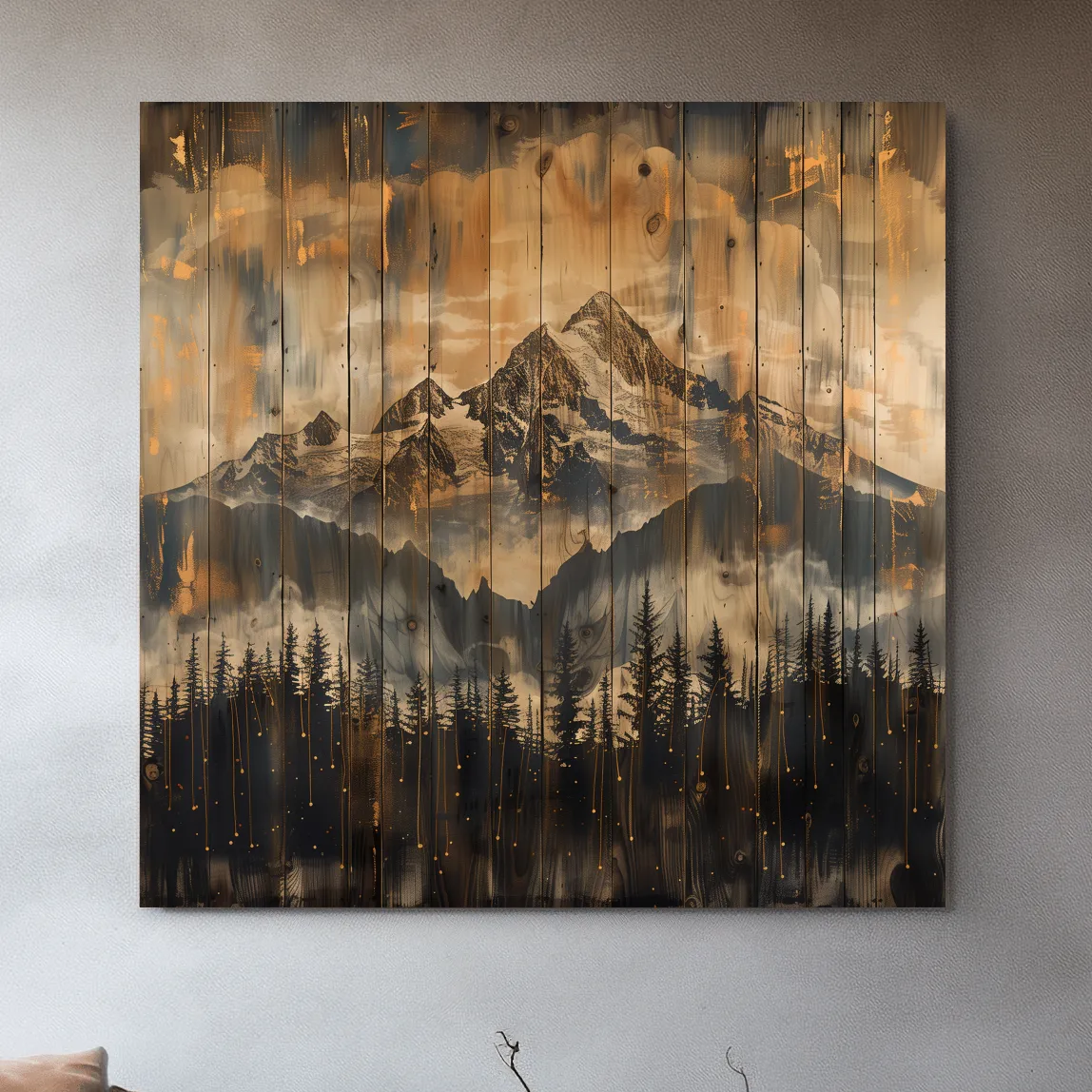 Rustic Mountain Range Over Pine Forest - Vintage Wood Panel Style Landscape Artwork