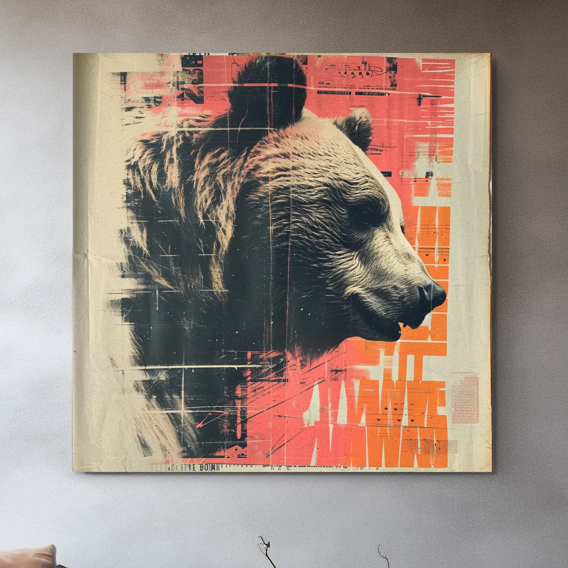 Grizzly bear artwork, magazine collage style art illustration