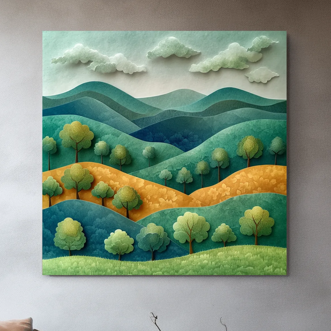 Rolling hills and trees 3d artwork, layered paper quilling effect