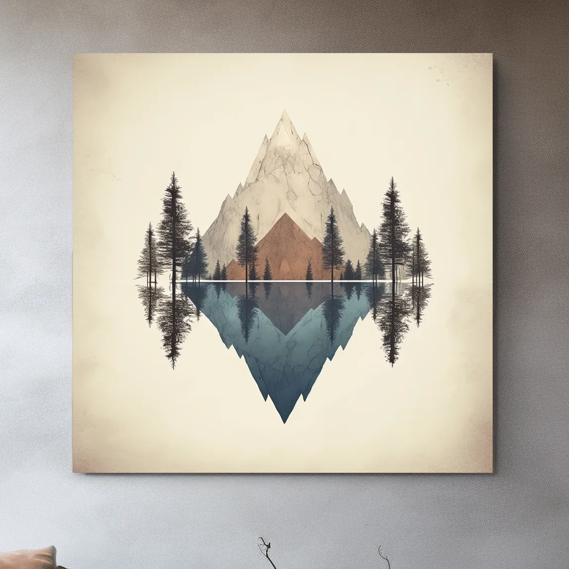 Minimal mountain art, reflections in the lake