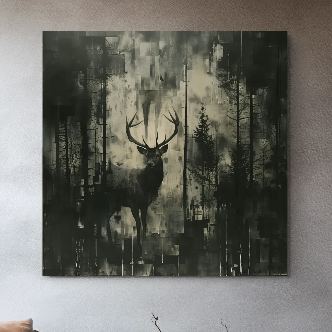 Abstract painting, deer hidden in the forest, dark artwork