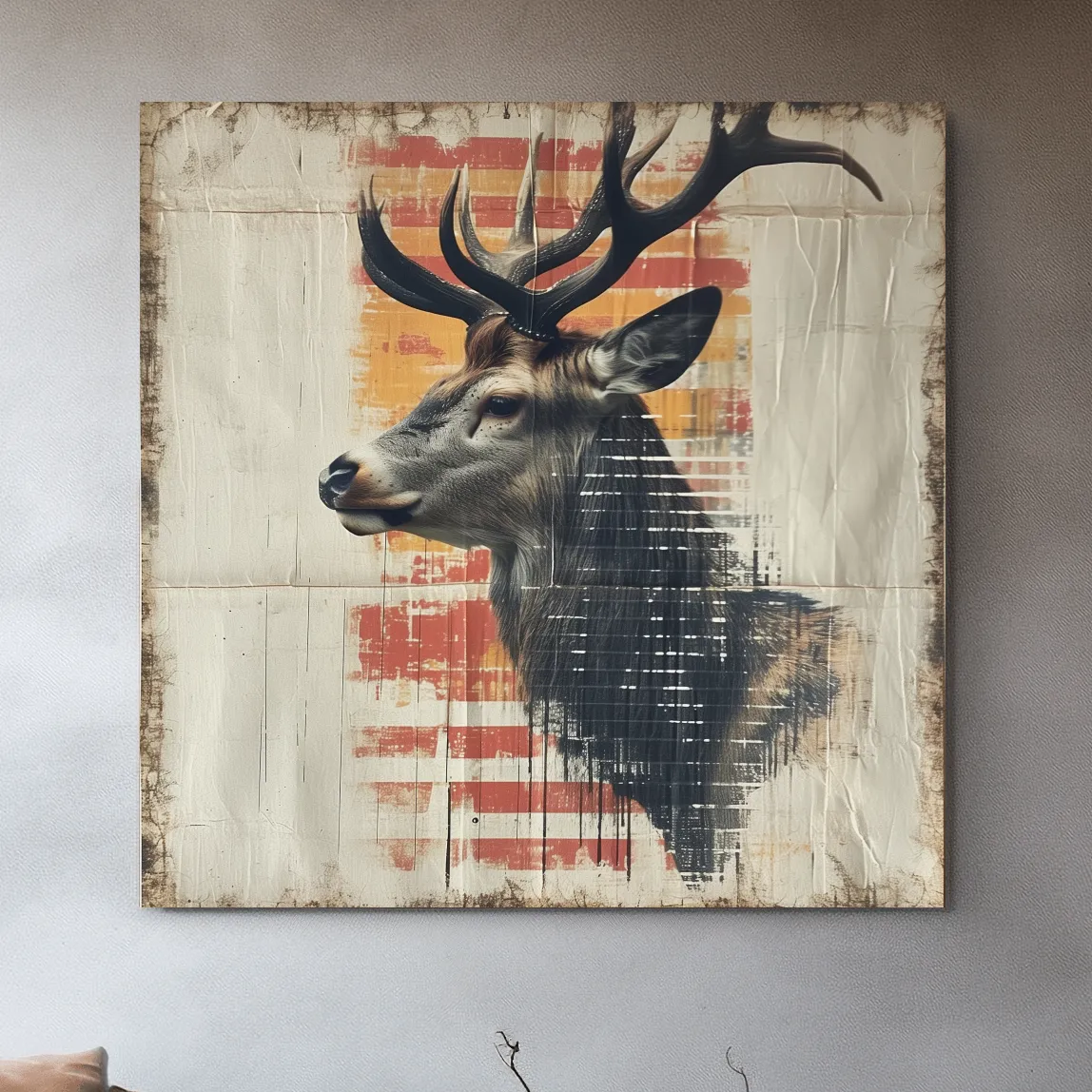 Deer head artwork, collage style art on textured paper