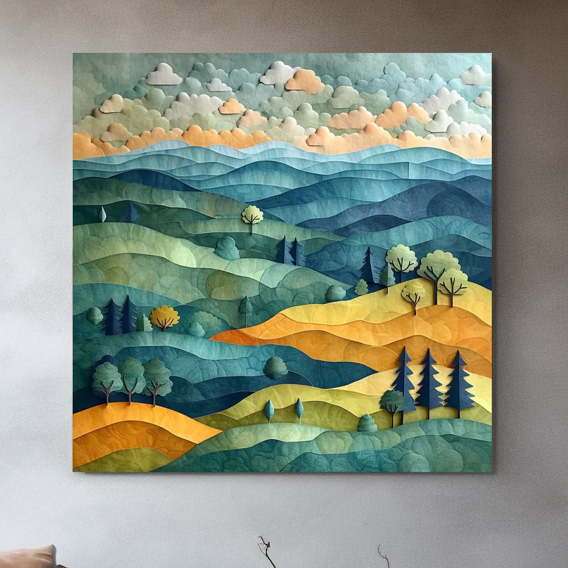 Happy hillside scene, 3d layered paper quilling cutout effect