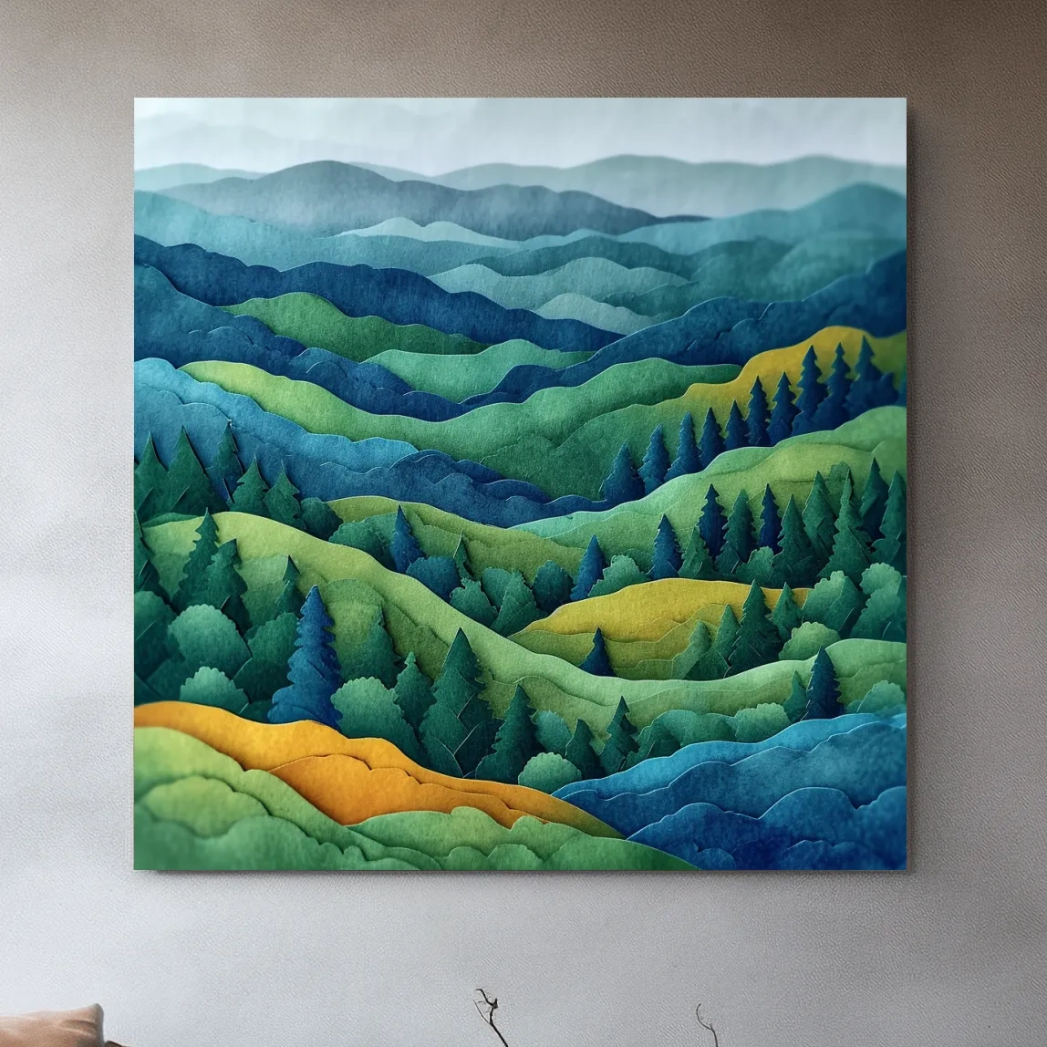 3d layered paper quilling effect artwork, rolling hills and forest