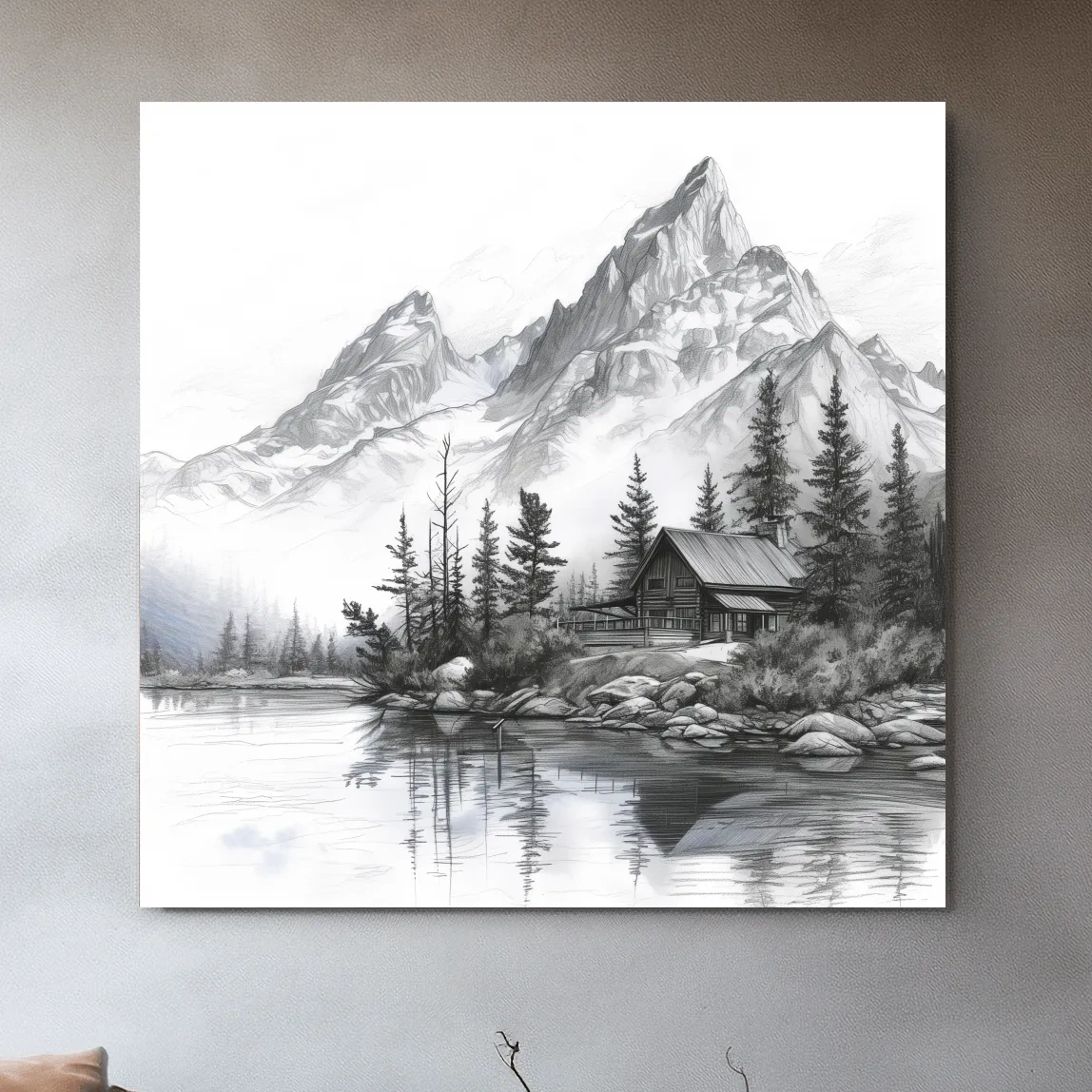 Lead pencil drawing of a cabin by an alpine lake beneath a glacier, mountain art