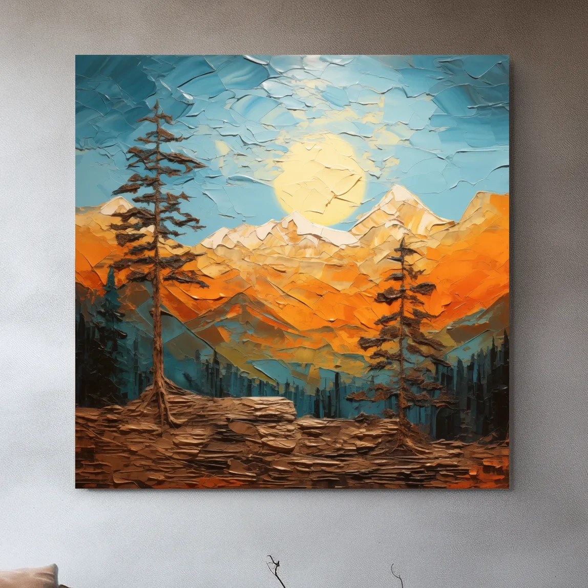 Mountains at sunset artwork print, thick impasto textured oil painting effect