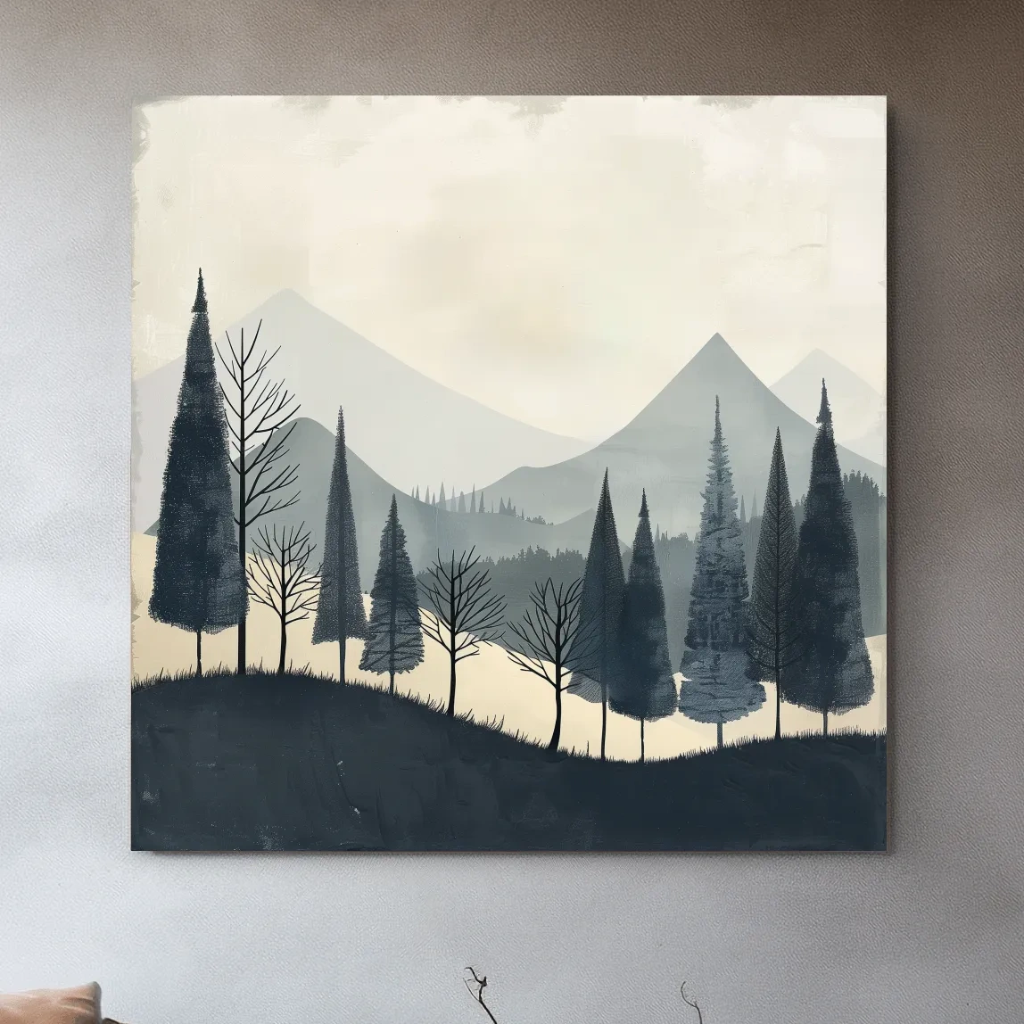 Minimalist Nordic Mountain Forest Landscape - Serene Scandinavian Nature Wall Art