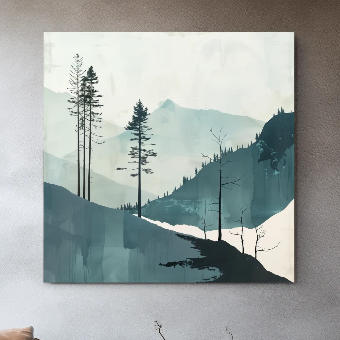 Abstract nordic style minimal forest painting, teal artwork