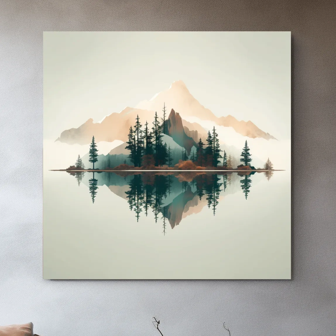 Minimalist Watercolor Mountain Lake Reflection - Serene Pine Forest Landscape Wall Art