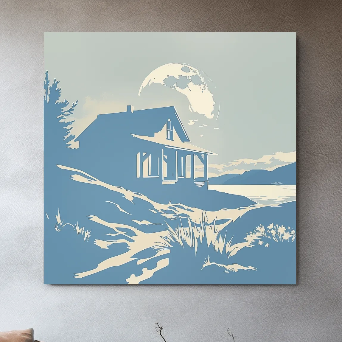 Lakeside cabin on a moonlit night, minimal vector wall artwork
