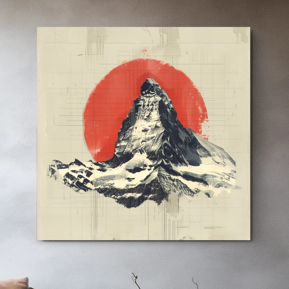 Matterhorn at sunset drawing, Swiss Alps, Japandi style illustration mountain artwork