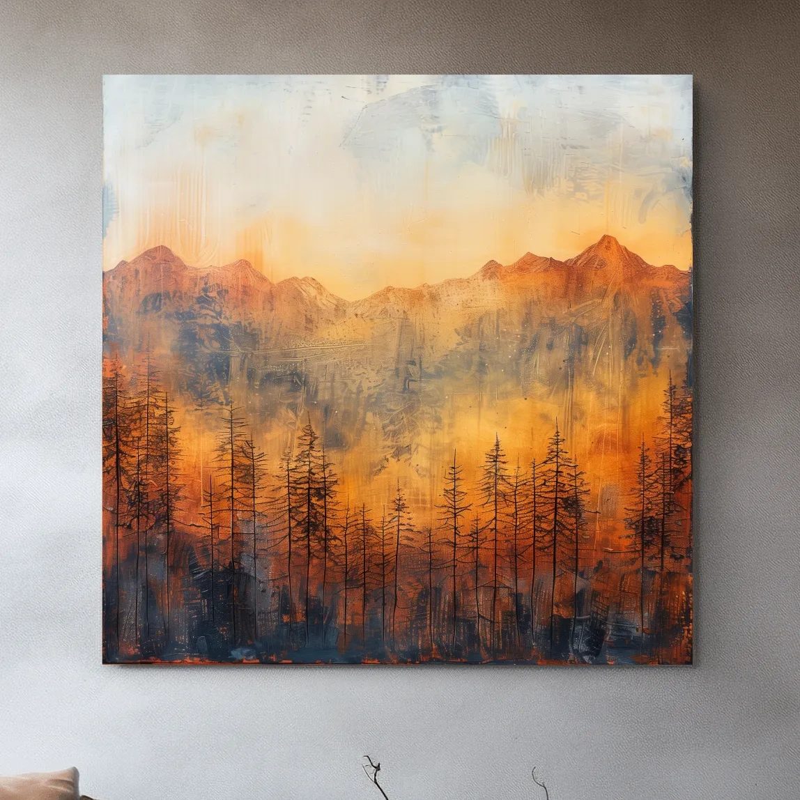 Landscape painting, mountains and trees, textured mixed-media style artwork