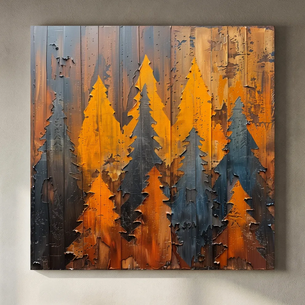 Autumn Pine Forest Silhouettes - Rustic Painted Wood Wall Art