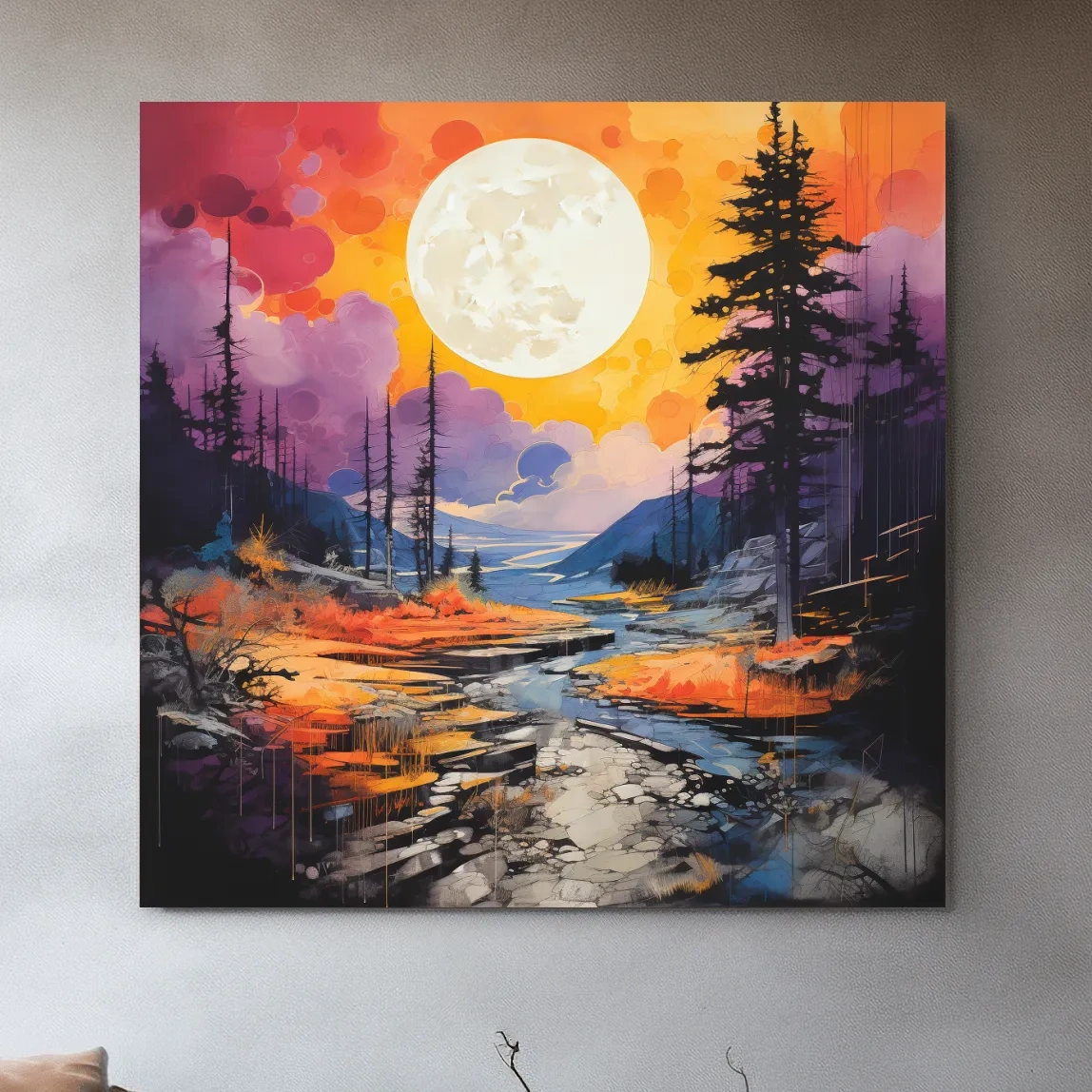 Colorful river and mountain sunset scene, illustration wall art