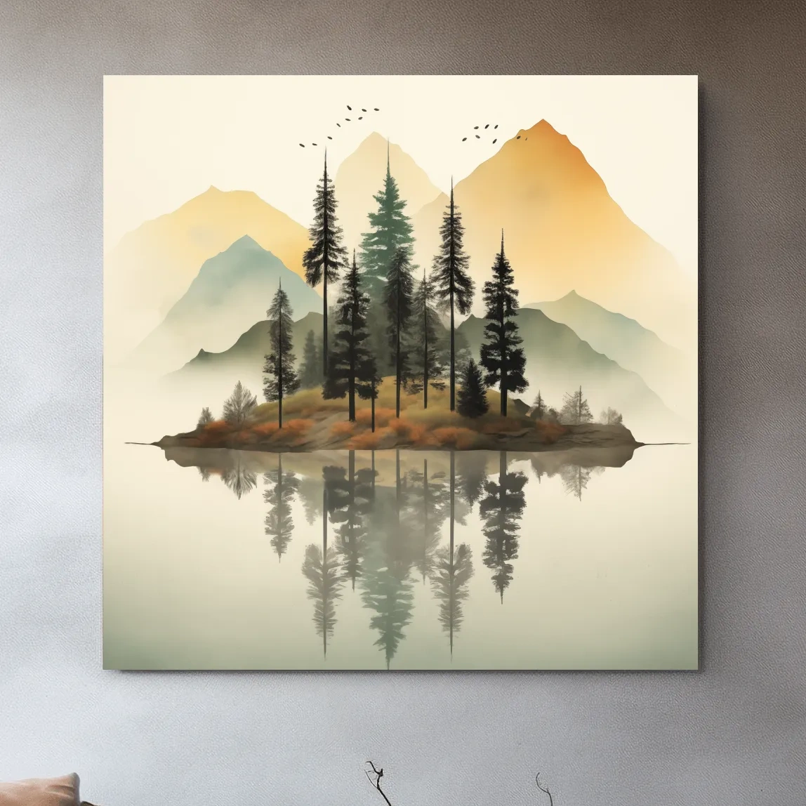 Misty Pine Forest Island Reflection - Minimalist Mountain Lake Wall Art