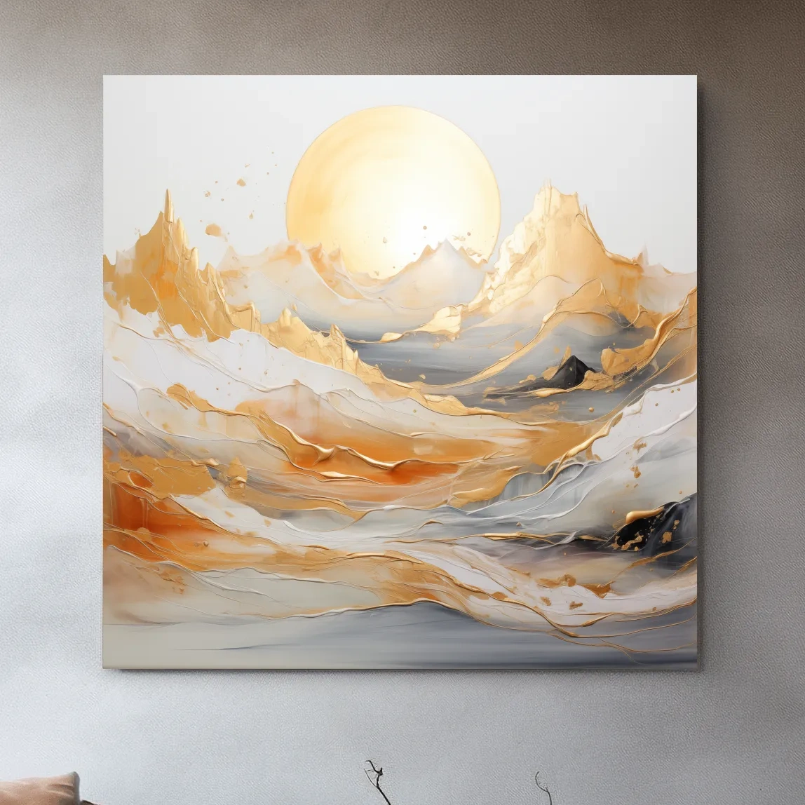 Gold leaf style painting of a mountain landscape