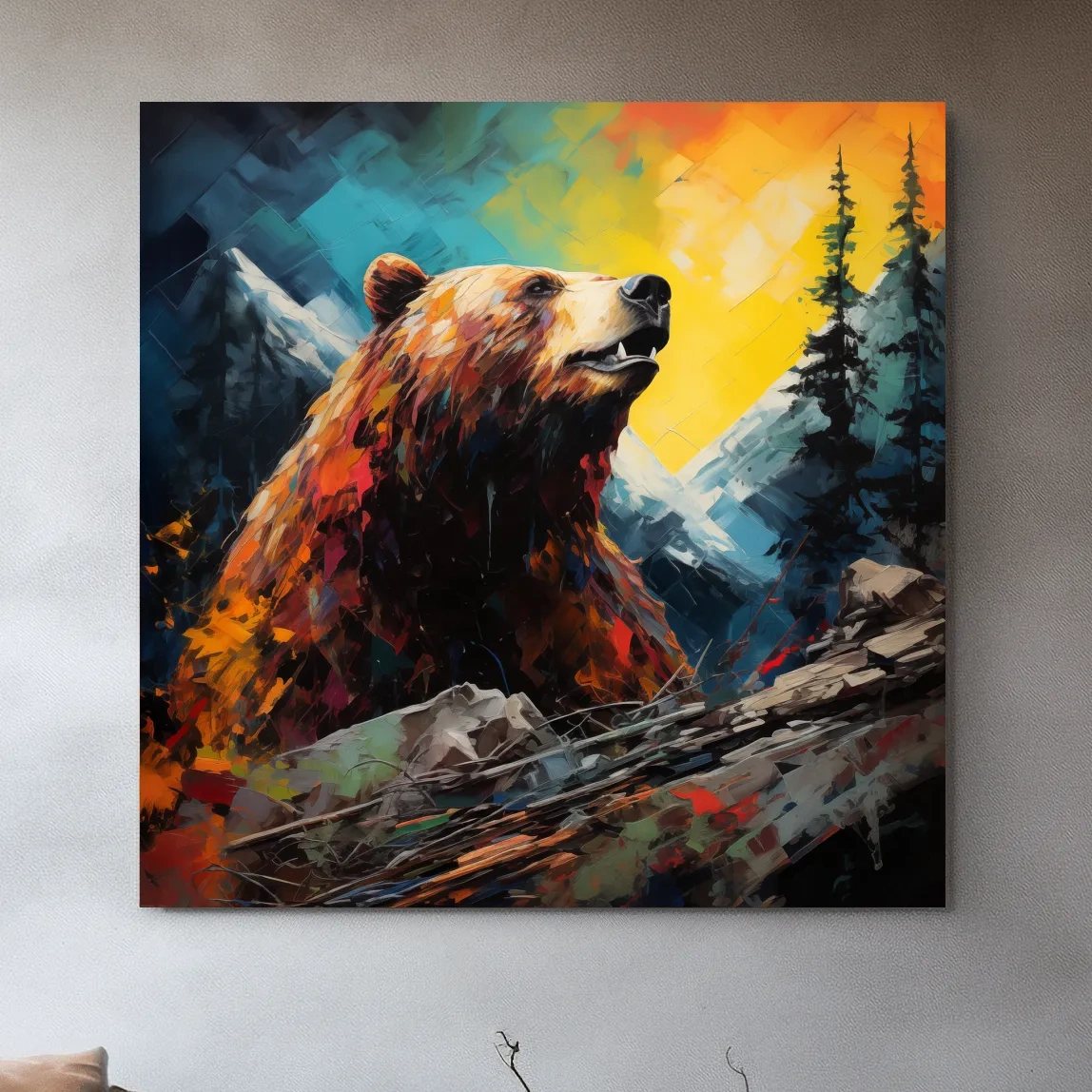 Colourful painting of a grizzly bear in the mountains